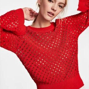Zara Red Metallic Open Weave Knit Pullover Sweater Size M EUC